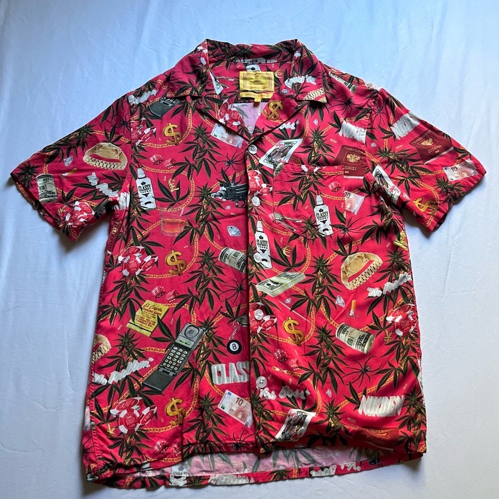 NIKBEN red printed logo short sleeve button up shirt